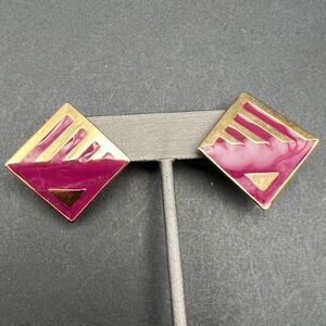 Vintage Pierced Earrings‎ Square Magenta Purple Enamel and Gold Tone